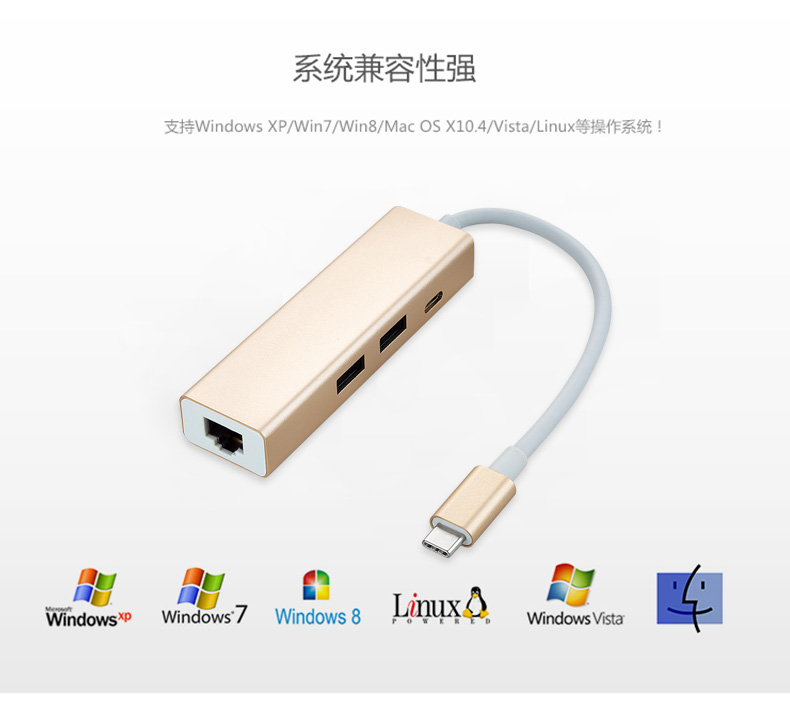 Type-C轉RJ45 千兆網(wǎng)卡+USB3.0×2 +充電 轉換器轉接器URC305